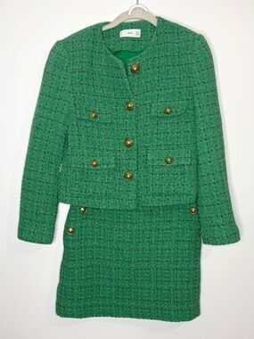 Mango MNG Green Tweed Jacket Skirt Set Gold Buttons 2 Piece